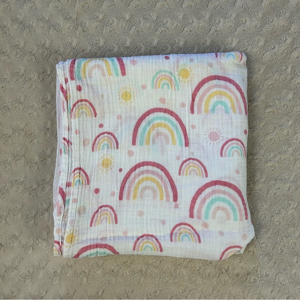 Parent's Choice Rainbows Baby Swaddle Blanket White Pink Yellow Sun Dots Blue